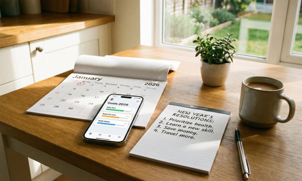 A sunlit wooden kitchen table with a 2026 calendar open to January, an iPhone displaying a goal-tracking app, and a handwritten list of New Year's resolutions.