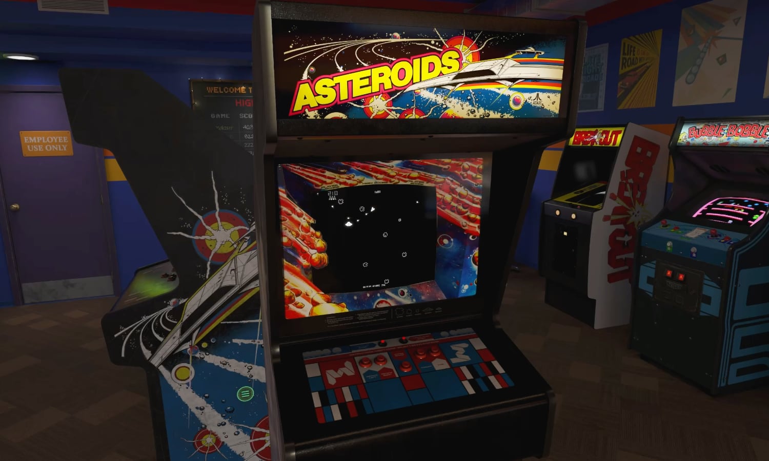 An Asteroids arcade cabinet standing in a fully immersive, virtual 1980s arcade environment within the Retrocade app for Apple Vision Pro, featuring retro neon lighting and a dark, nostalgic atmosphere.