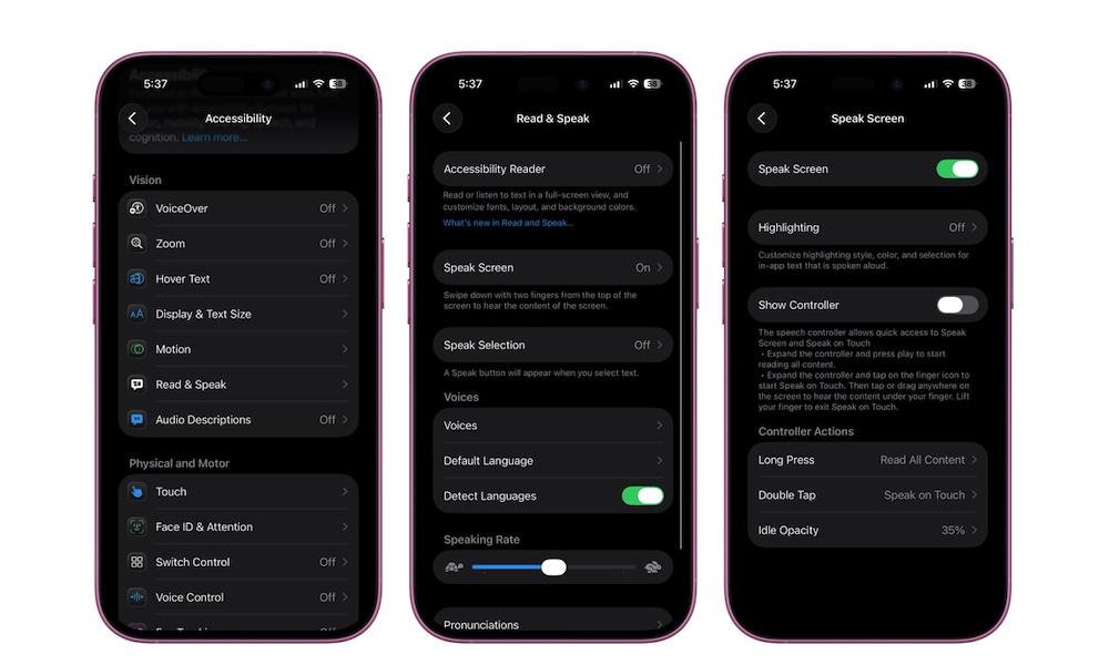 Spoken Content, or Read and Speak accessibility feature on iPhone