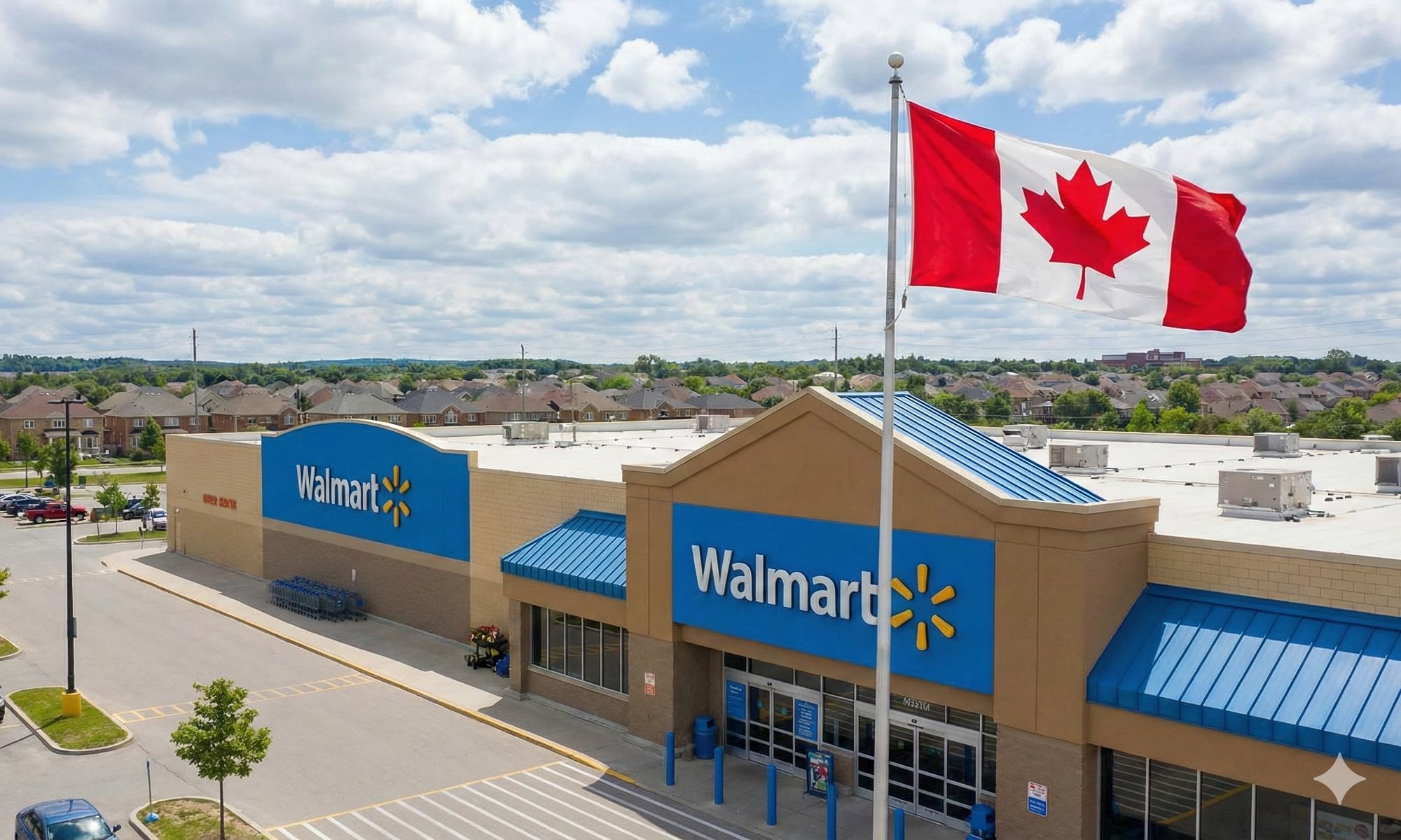 Alt text: A Walmart Supercentre in Canada with a Canadian flag flying prominently in the foreground, illustrating the retailer's different operations in the country compared to the US.