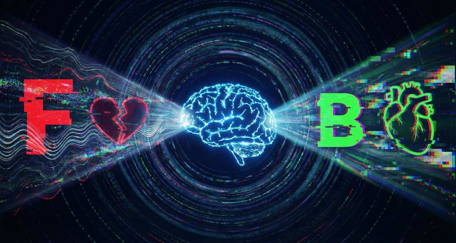 A conceptual illustration in a digital glitch style showing a glowing blue AI brain at the center of a data vortex. To the left, a distorted red letter "F" and a broken heart icon represent a failing grade; to the right, a distorted green letter "B" and a healthy heart icon represent a passing grade, symbolizing the erratic and contradictory nature of AI health assessments.