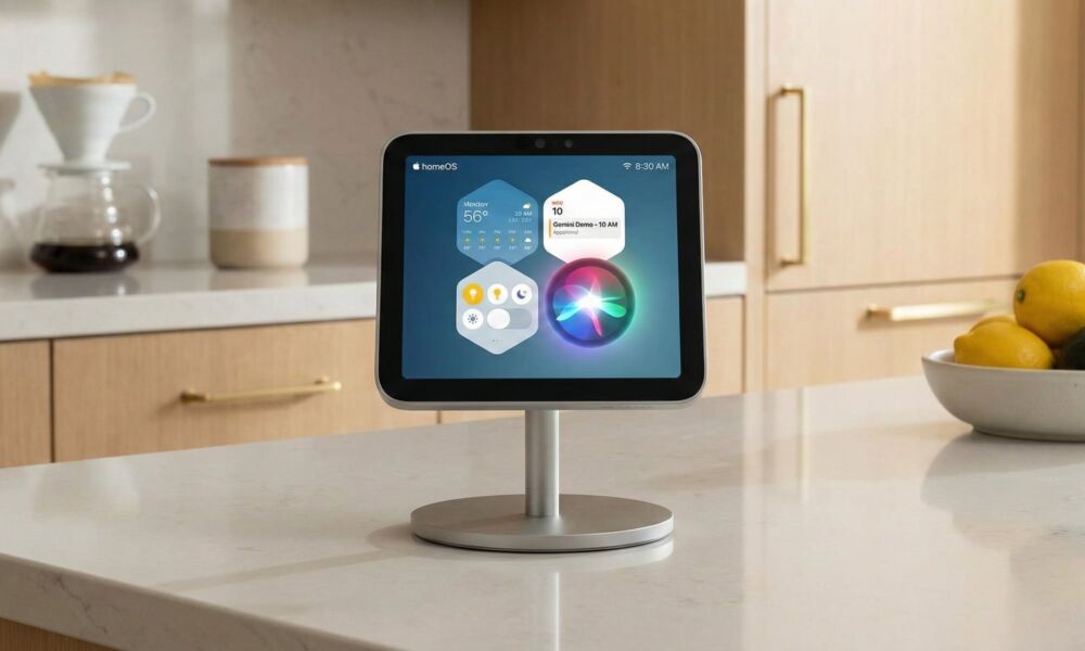 Concept of an Apple J490 home hub on a kitchen counter showing the homeOS Charismatic interface with Gemini-Siri and smart home widgets.
