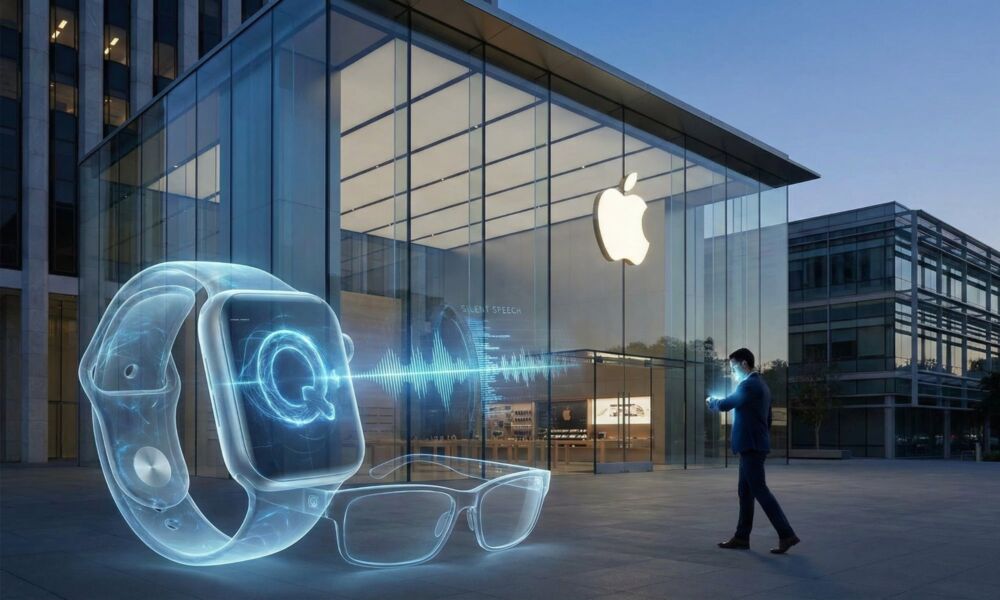 Holographic Apple Watch and smart glasses displaying the Q.ai logo and silent speech waveforms in front of a modern glass Apple Store.