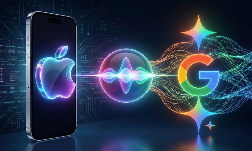 Vibrant digital illustration of an iPhone with the Apple logo connecting to a colorful Siri voice waveform and the Google logo, representing the new AI partnership.