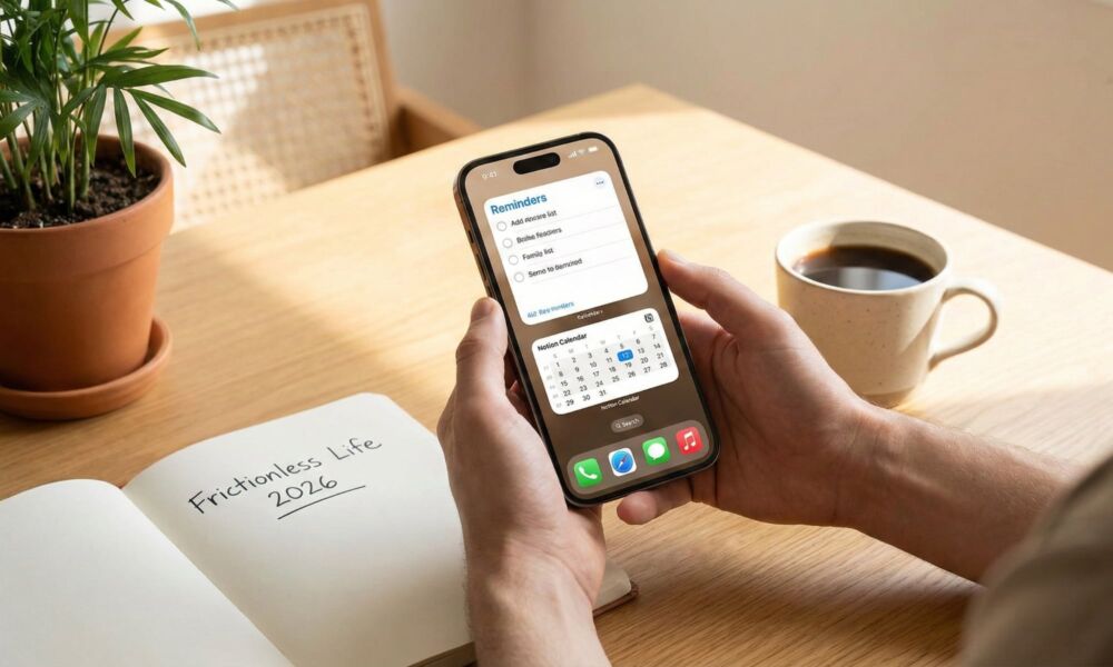 A person holding an iPhone displaying productivity apps on a wooden desk next to a cup of coffee and a notebook with "Frictionless Life 2026" written on the page.