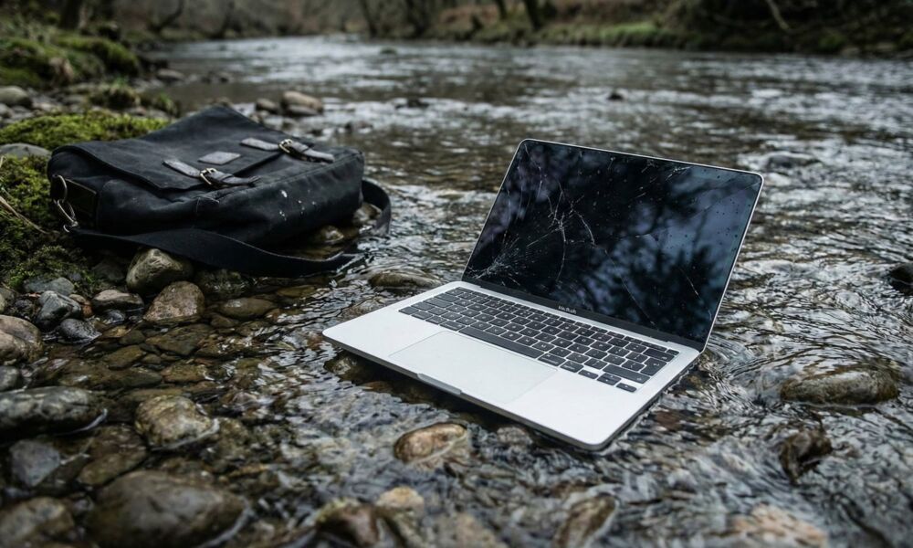 A silver Apple MacBook laptop with a severely cracked screen sitting partially submerged in the rushing water of a shallow river, next to a discarded black canvas bag on the rocky bank, illustrating a scene from the Apple Crime Log involving discarded evidence.