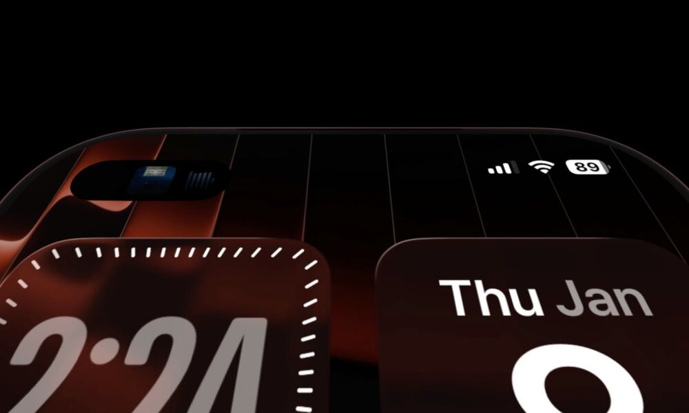 A concept render of the iPhone 18 Pro featuring a top-left hole-punch front camera. The Dynamic Island interface is shown expanding to the right from the camera cutout across a home screen running iOS 26 with the Liquid Glass design aesthetic.