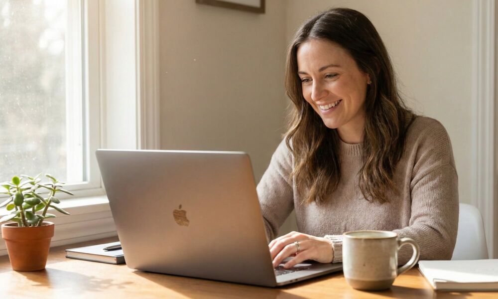 A happy woman smiling while using her responsive MacBook Pro at a bright home office desk with a coffee mug.