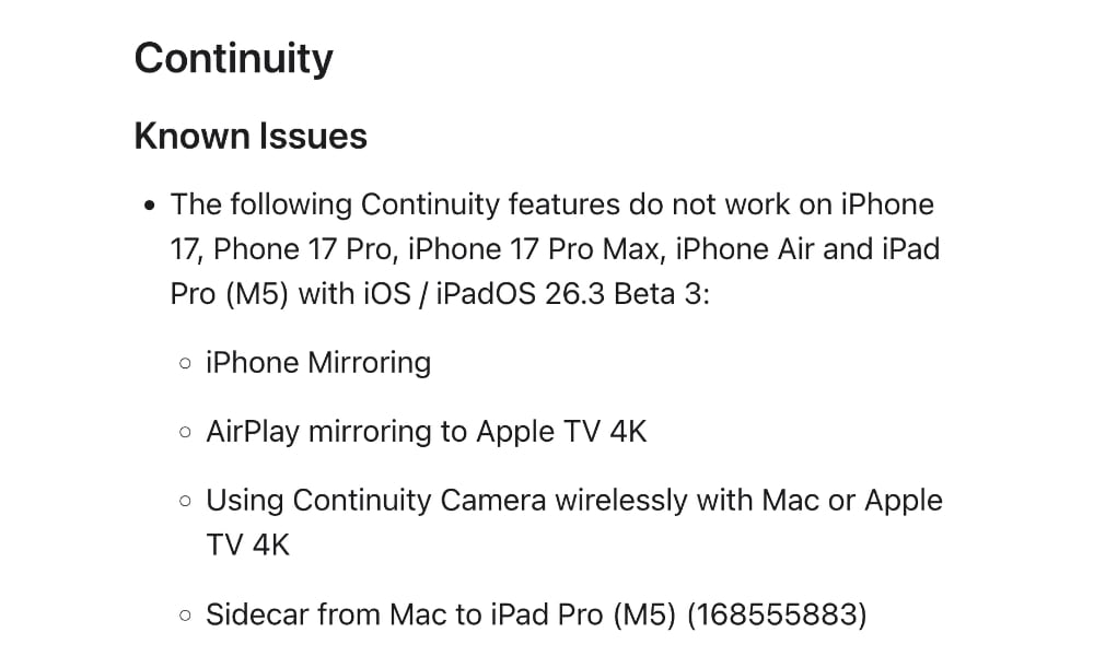 Developer release notes for iOS 26.3 beta 3 showing known issues with Continuity Mirroring and Camera.