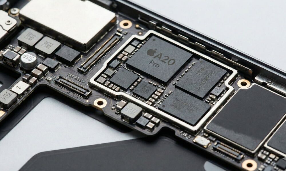 A high-tech macro photograph of an iPhone internal logic board featuring a central "A20 Pro" processor chip with the Apple logo, surrounded by smaller memory modules and intricate circuitry.