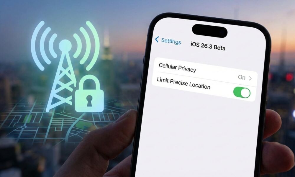 A close-up of an iPhone held in a hand showing a conceptual iOS 26.3 Beta settings menu with the "Limit Precise Location" toggle enabled. In the background, a glowing digital cell tower icon with a padlock overlays a stylized cityscape, representing protected carrier privacy.