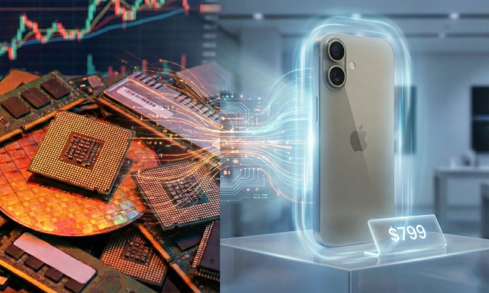 A conceptual digital image representing iPhone 18 price stability. On the left, a pile of advanced semiconductor chips and RAM modules sits in front of a fluctuating stock market graph. On the right, a modern iPhone with a vertical camera layout sits on a display pedestal with a $799 price tag. Glowing abstract circuit lines connect the two sides, illustrating the tension between rising component costs and Apple’s consistent consumer pricing.