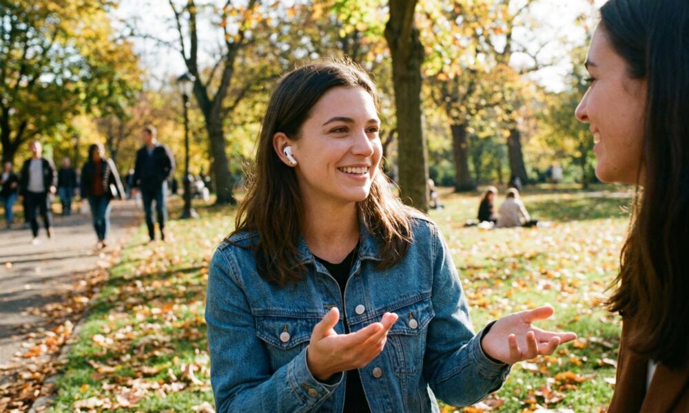 A smiling woman in a denim jacket wearing AirPods Pro earbuds and gesturing while having a conversation with a friend in a sunny autumn park, demonstrating the Conversation Awareness feature.