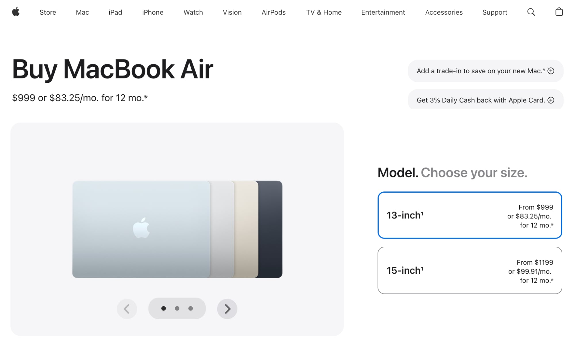 A screenshot of the redesigned 2026 Apple Store "Buy" page for the MacBook Air, showing the first step where customers must choose between 13-inch and 15-inch display sizes.