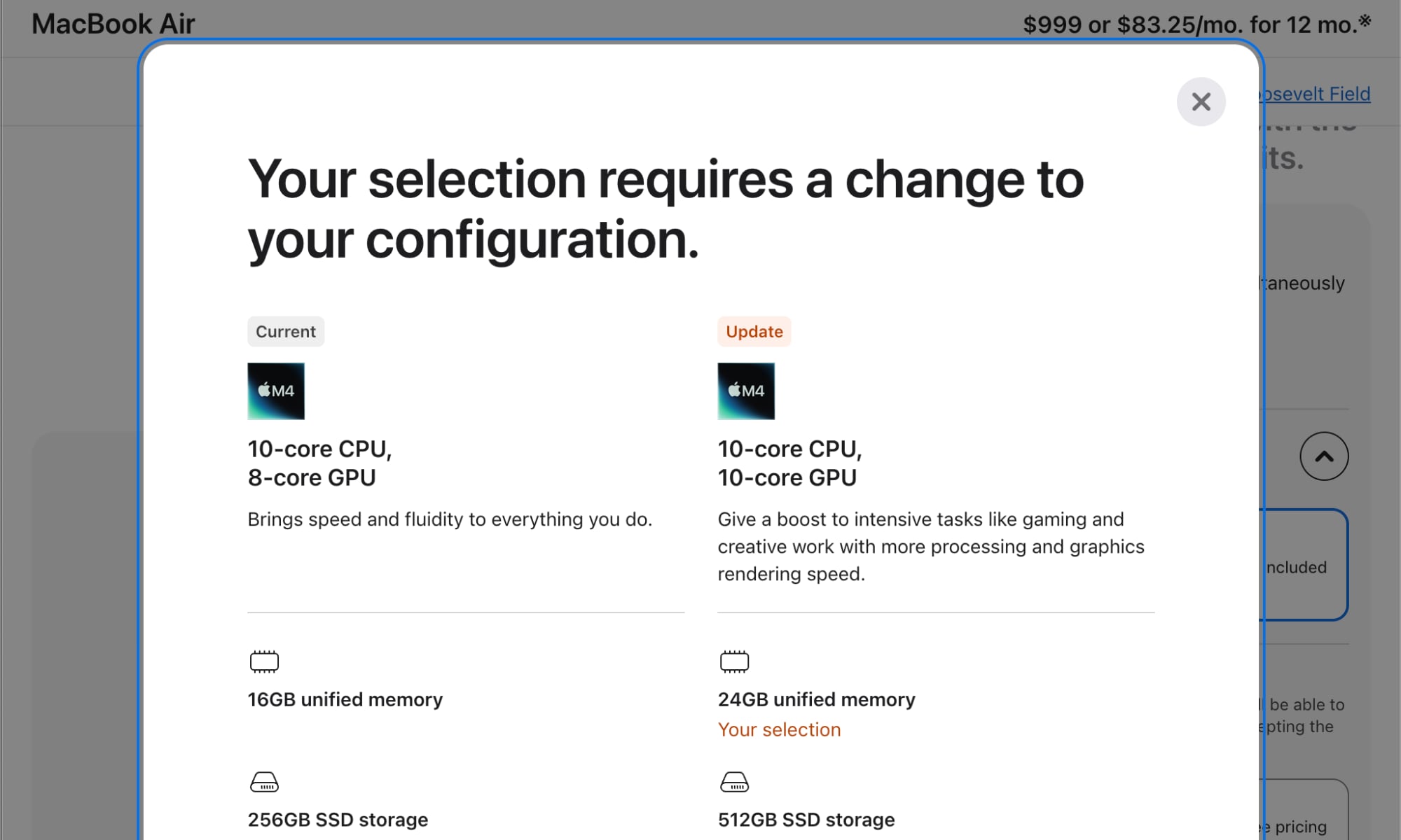 A screenshot of the new Apple Store configuration prompt that appears when a user selects a high RAM amount, stating: “Your selection required a change to your chip configuration.”