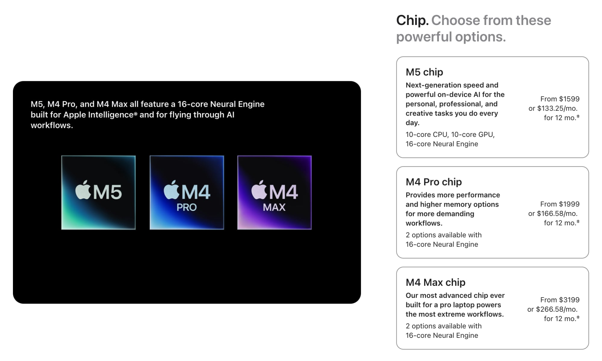 A screenshot of the Apple Store's 14-inch MacBook Pro configuration page in February 2026, displaying the current mixed-generation chip options: Apple M5, M4 Pro, and M4 Max.