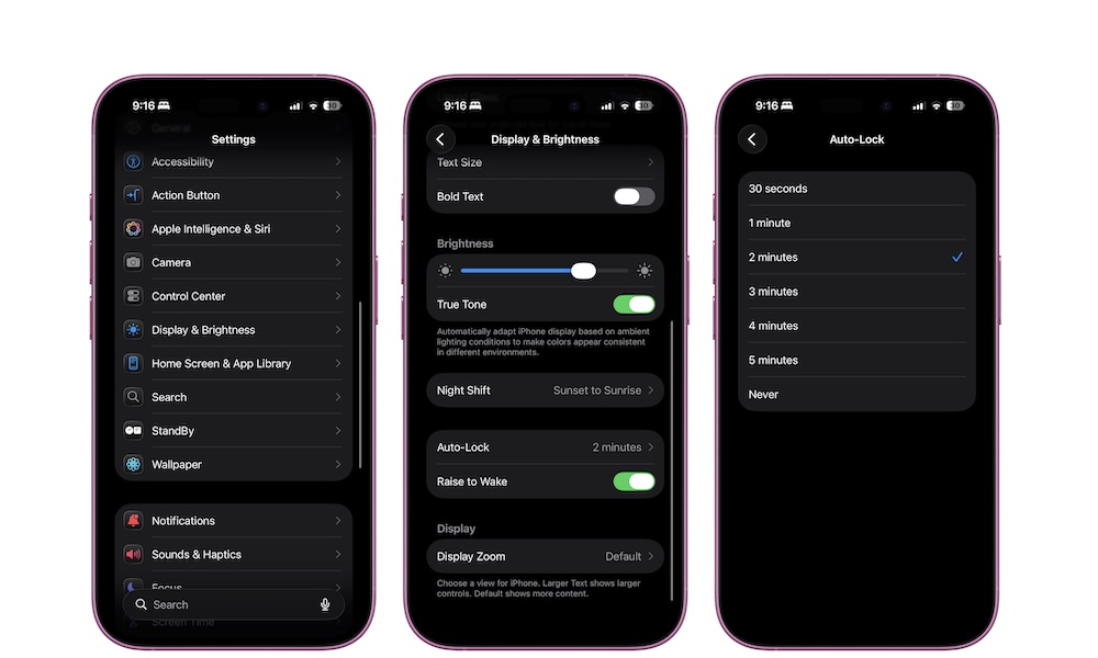 The Auto-Lock selection screen on an iPhone, showing timing options ranging from 30 seconds to Never.
