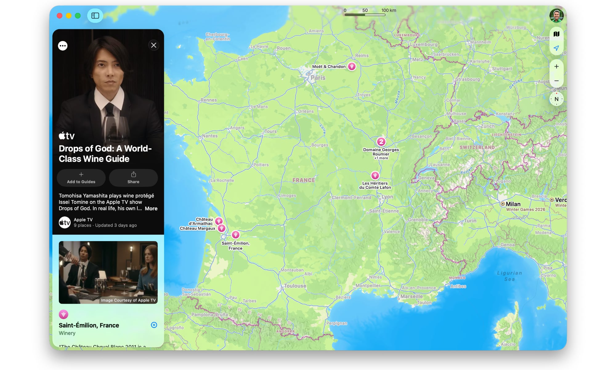 Apple Maps showing Drops of God Wine Guide.