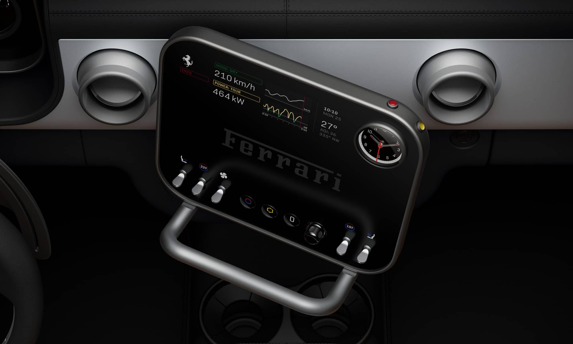 A close-up of the Luce&rsquo;s central control panel, showing a 10.2-inch OLED screen mounted on a ball-and-socket joint above five machined aluminum toggle switches for climate control and a "multigraph" clock with physical needles.