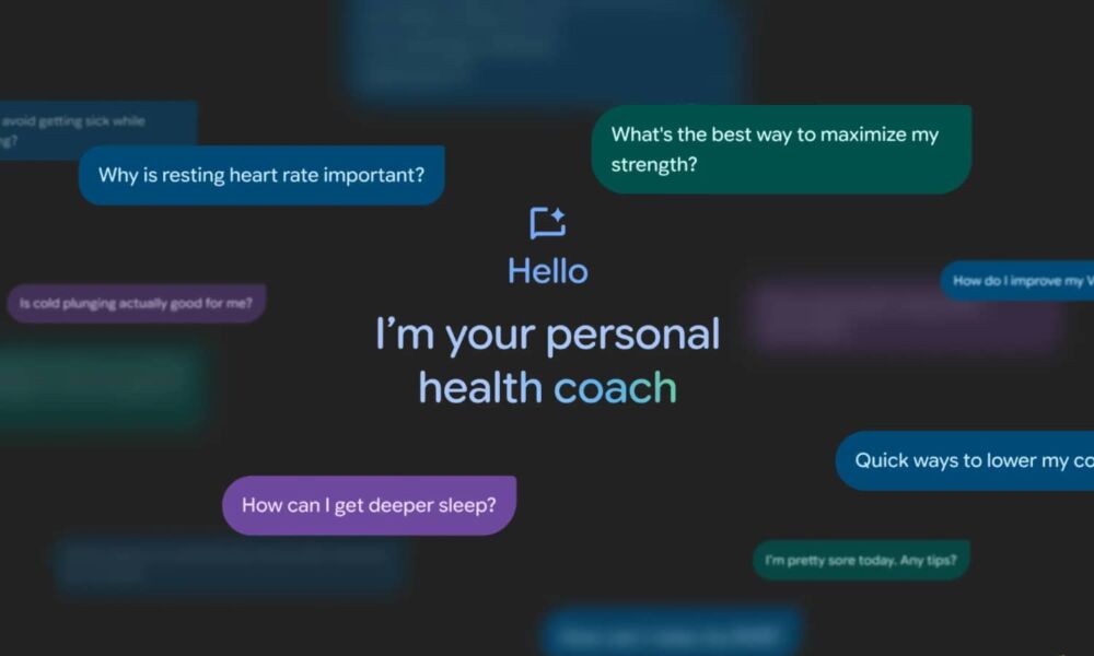 Google Fitbit Personal health coach screen surrounded by chat bubbles with health and wellness questions.