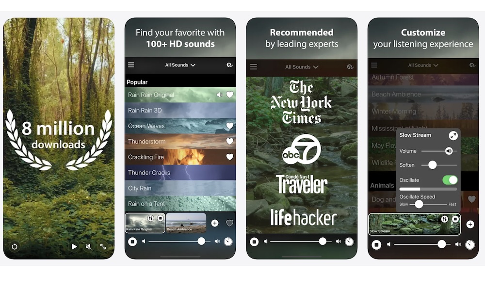 The App Store listing for Rain Rain Sleep Sounds, highlighting nature-themed audio options.