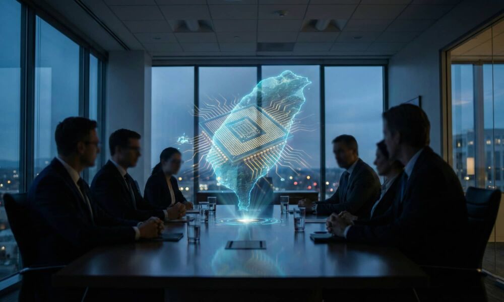 An abstract illustration showing silhouettes of executives in a dimly lit boardroom viewing a glowing holographic projection of a semiconductor chip overlaid on a map of Taiwan.
