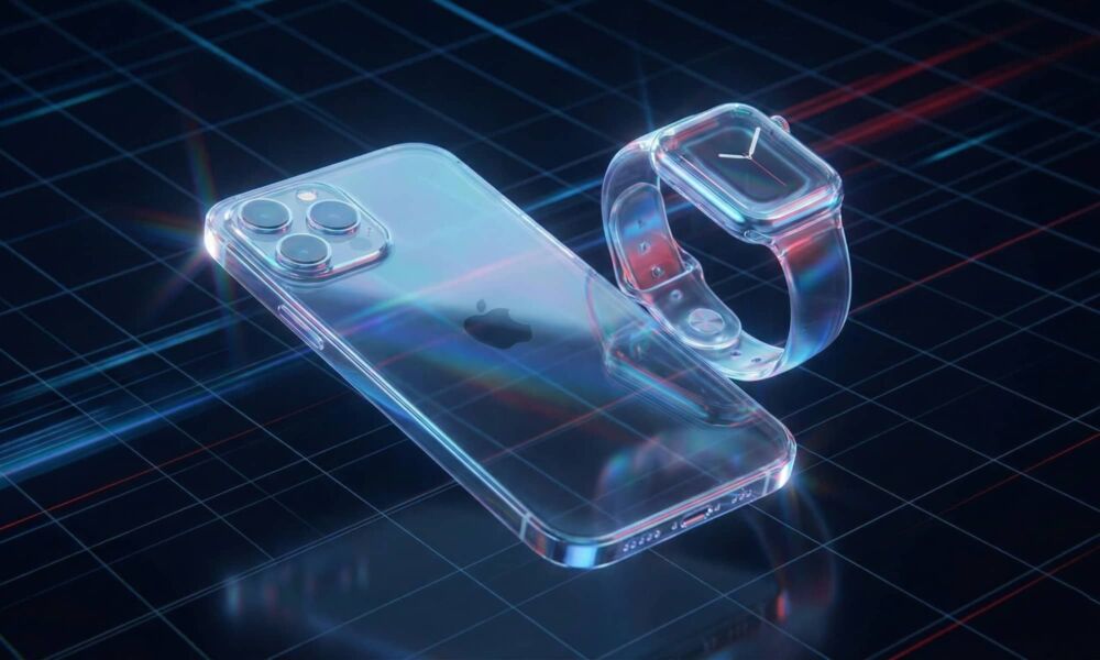 A stylized 3D rendering of an iPhone and Apple Watch glowing with subtle blue and red light refractions against a dark, technical background.