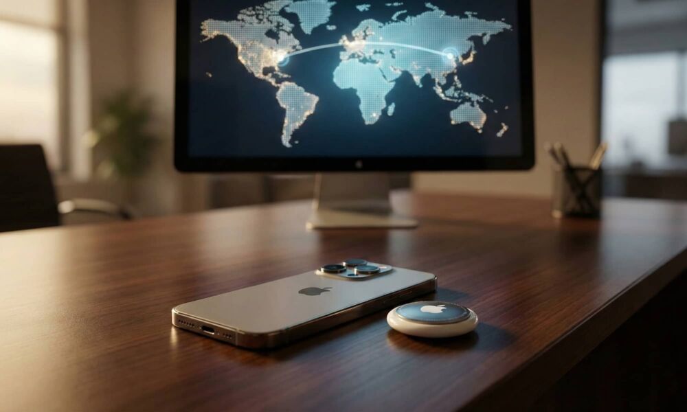 An iPhone and an AirTag sitting on a desk in front of a computer screen showing a global map with tracking lines.