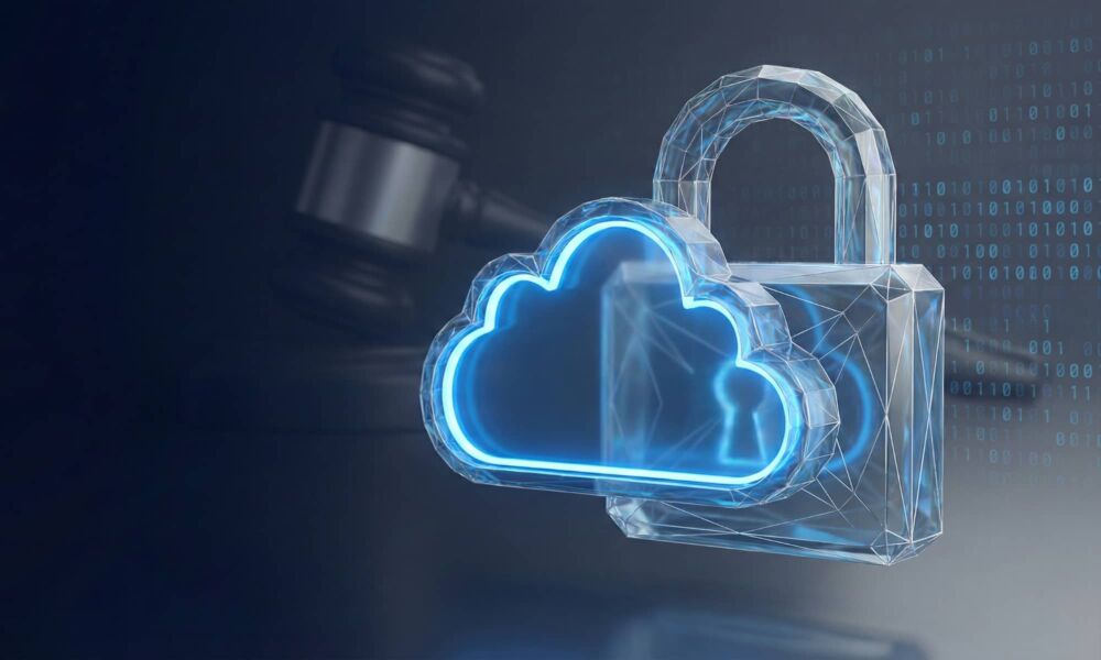 A conceptual 3D illustration featuring a glowing cloud icon protected inside a crystalline padlock, with a judge's gavel silhouetted in the background, representing the legal battle over iCloud encryption and data privacy.