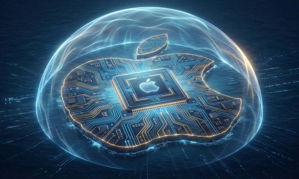 An abstract 3D illustration of an island shaped like the Apple logo, constructed from glowing blue and gold circuit boards and microchips, protected by a shimmering translucent energy dome in the middle of a dark sea.