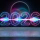 A futuristic concept image showing glowing neon digits for the year 