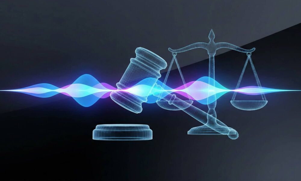 An abstract digital representation of a Siri waveform and a legal gavel, symbolizing Apple's court battle over AI fraud claims.