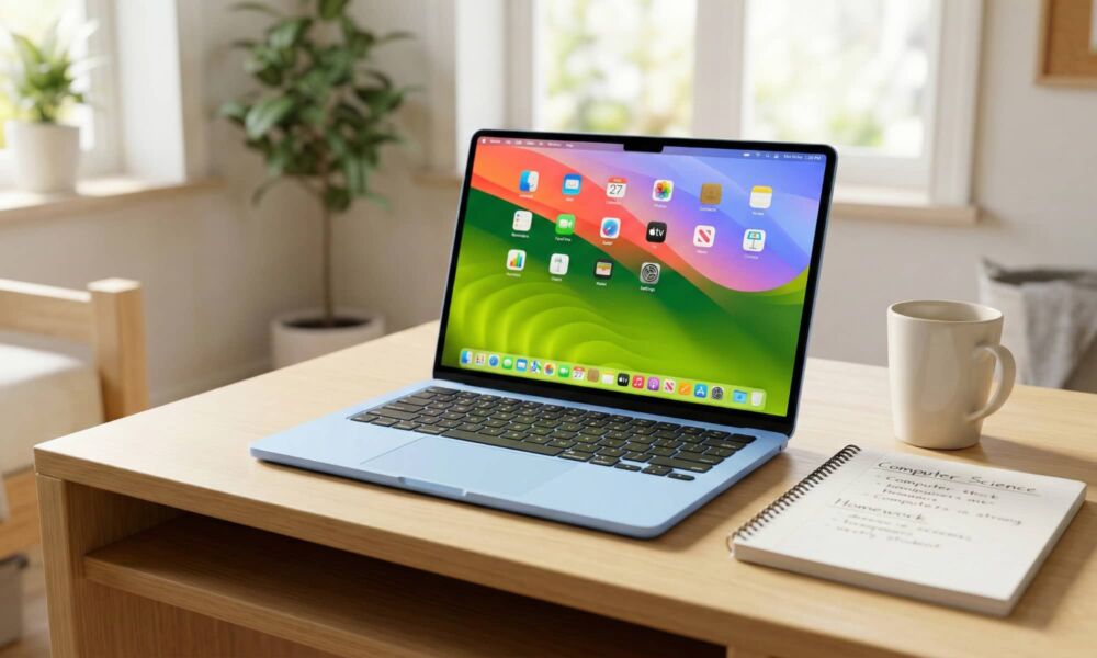 A concept image of a colorful 12.9-inch budget MacBook in pastel blue sitting on a wooden desk in a sunlit student room.