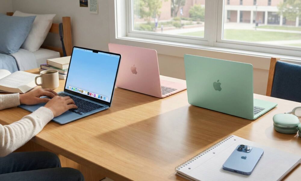 A collection of colorful, slim aluminum MacBooks in pink, blue, and green on a sunlit student desk.