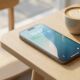 A modern iPhone resting on a wooden table in a brightly lit cafe, symbolizing all-day battery life.