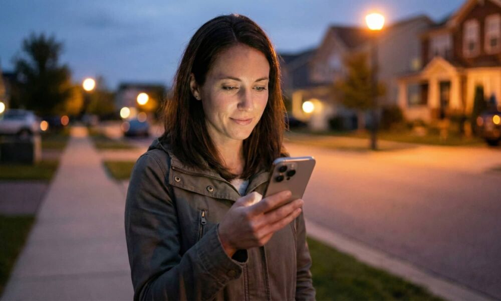 A woman standing on a quiet residential sidewalk at dusk, looking down at a modern iPhone with a triple-lens camera system while warm streetlights glow in the background.