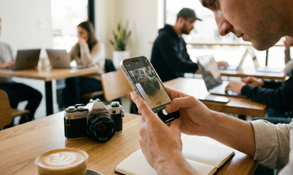A person in a coffee shop using an iPhone 16 Pro to photograph a vintage camera for an online listing.