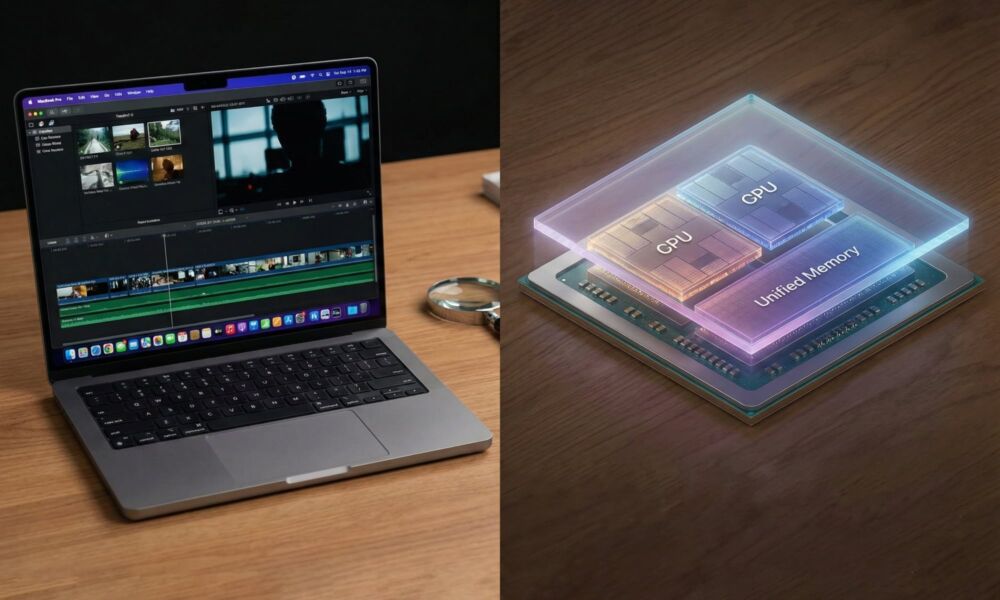 Split screen showing a MacBook Pro next to a conceptual 3D rendering of the M5 Pro SoIC-mH chiplet architecture.