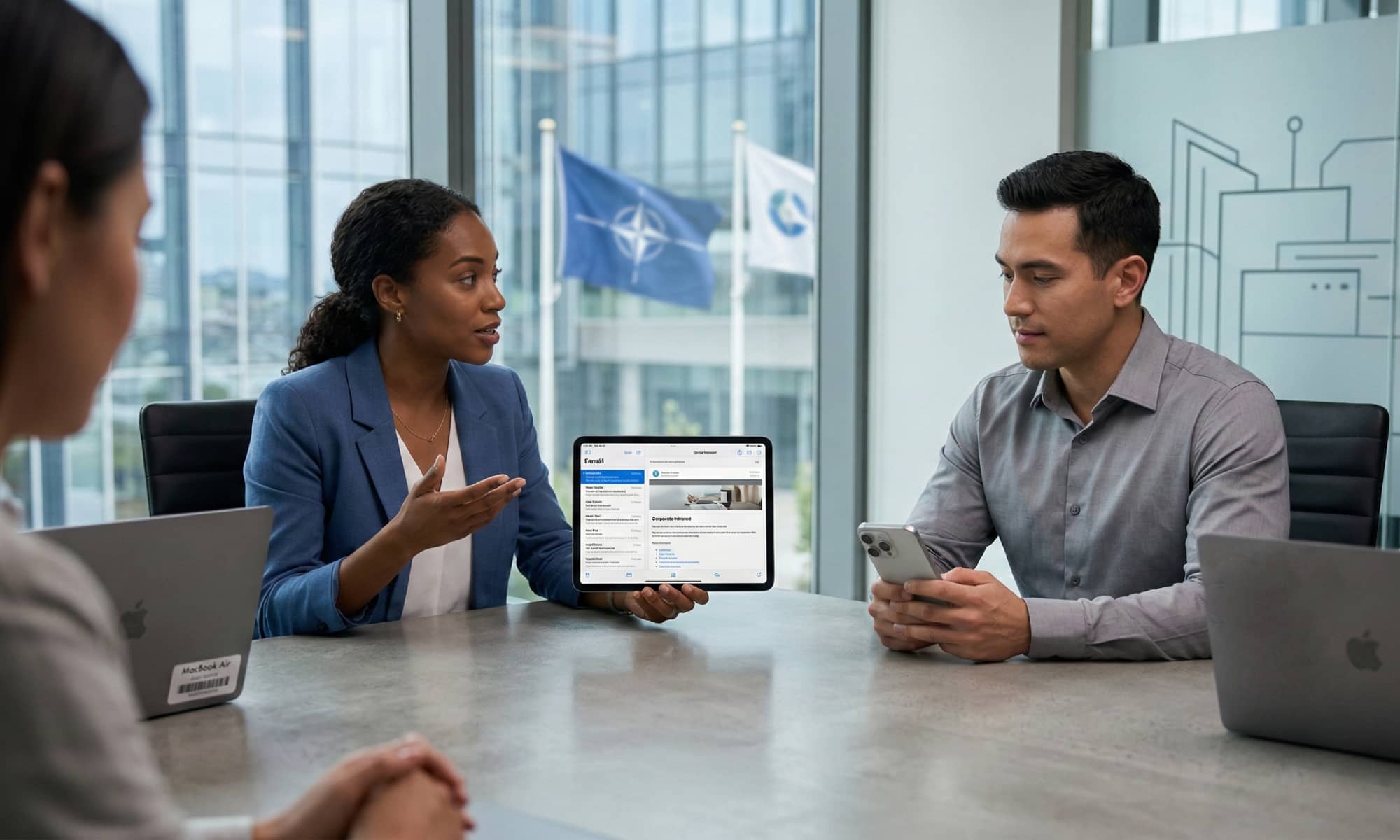 A candid group photograph of diverse professionals in a sleek, modern conference room, actively using standardized silver iPhones and an iPad Pro. They are collaborating around a desk, illustrating a managed 'Indigo configuration' fleet in a secure corporate or governmental environment. A NATO flag is faintly visible through the distant window.