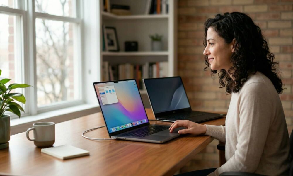 A woman sitting at a bright wooden desk, smiling while using a MacBook Pro running macOS 26. A Windows laptop sits beside it, illustrating the transition from PC to Mac in a modern home office.