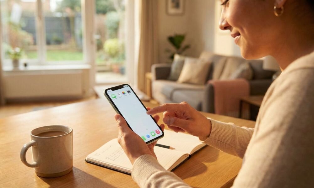 A woman sitting at a sunlit wooden table with a coffee mug and notebook, smiling while using an older iPhone to adjust settings and optimize performance for iOS 26.