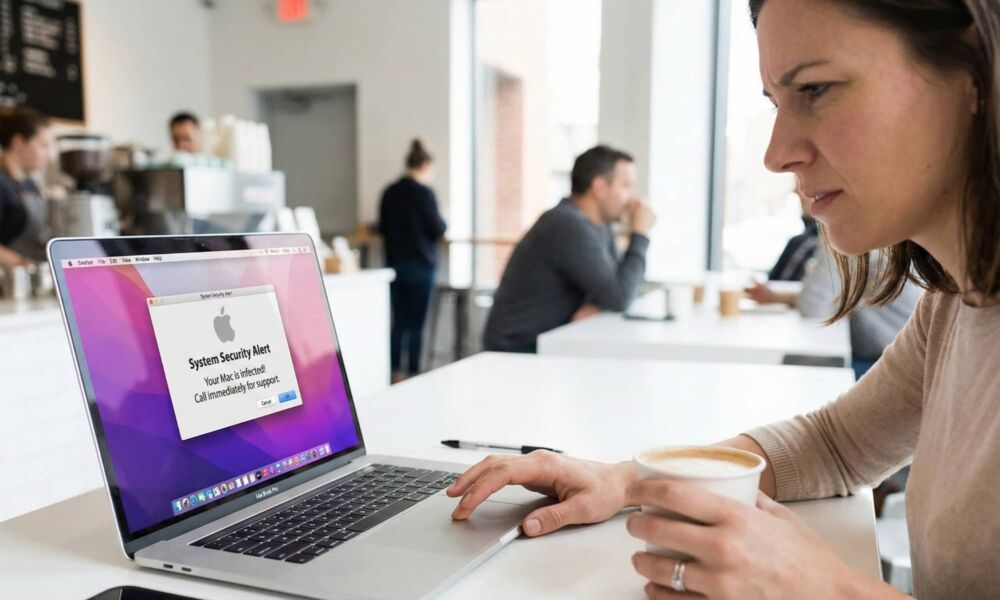A woman in a bright coffee shop looking skeptically at her MacBook screen, which displays a fake "System Security Alert" pop-up scam.