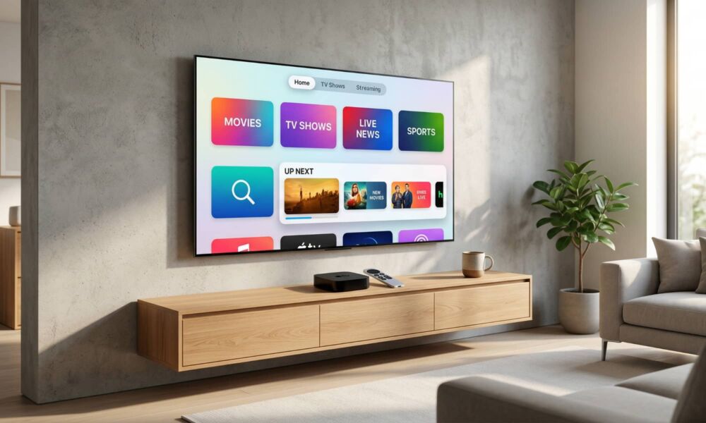 A modern 2026 living room setup featuring a sleek OLED TV with a streaming aggregator interface displaying "MOVIES" and "LIVE NEWS" tiles, with an Apple TV 4K and Siri Remote resting on a floating oak console below, bathed in soft morning light.