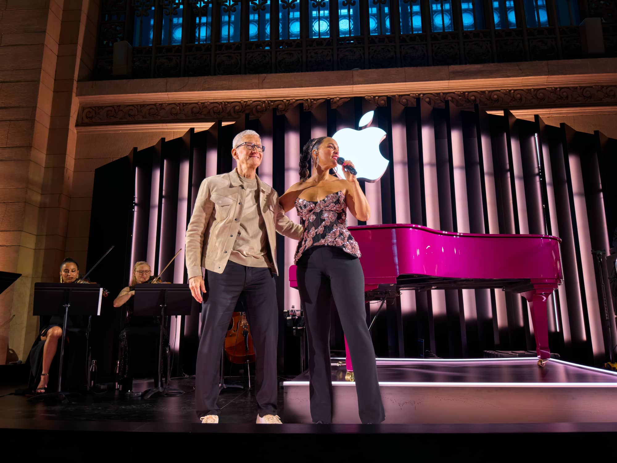 Tim Cook and Alicia Keys at Apple Store 50th Anniversary Celebration at the Grand Central Terminal Store in New York City.