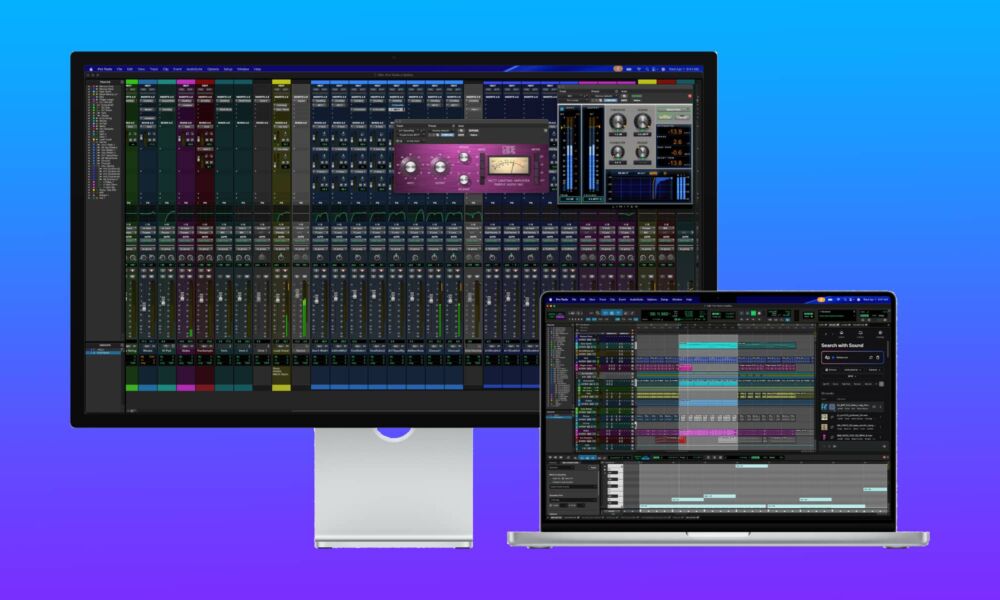 Apple Studio Display and MacBook Pro running Pro Tools.