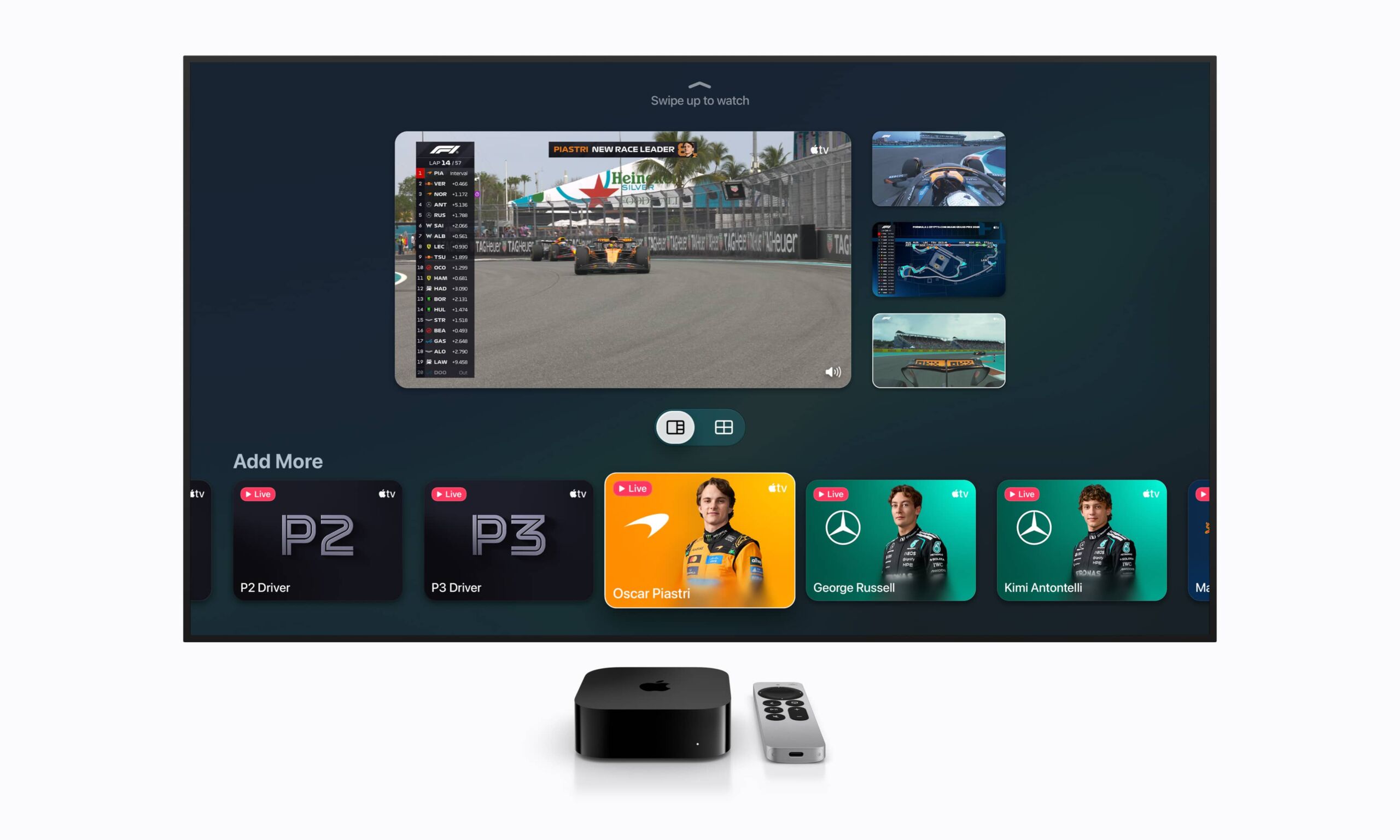 An Apple TV showing F1 races in Multiview.
