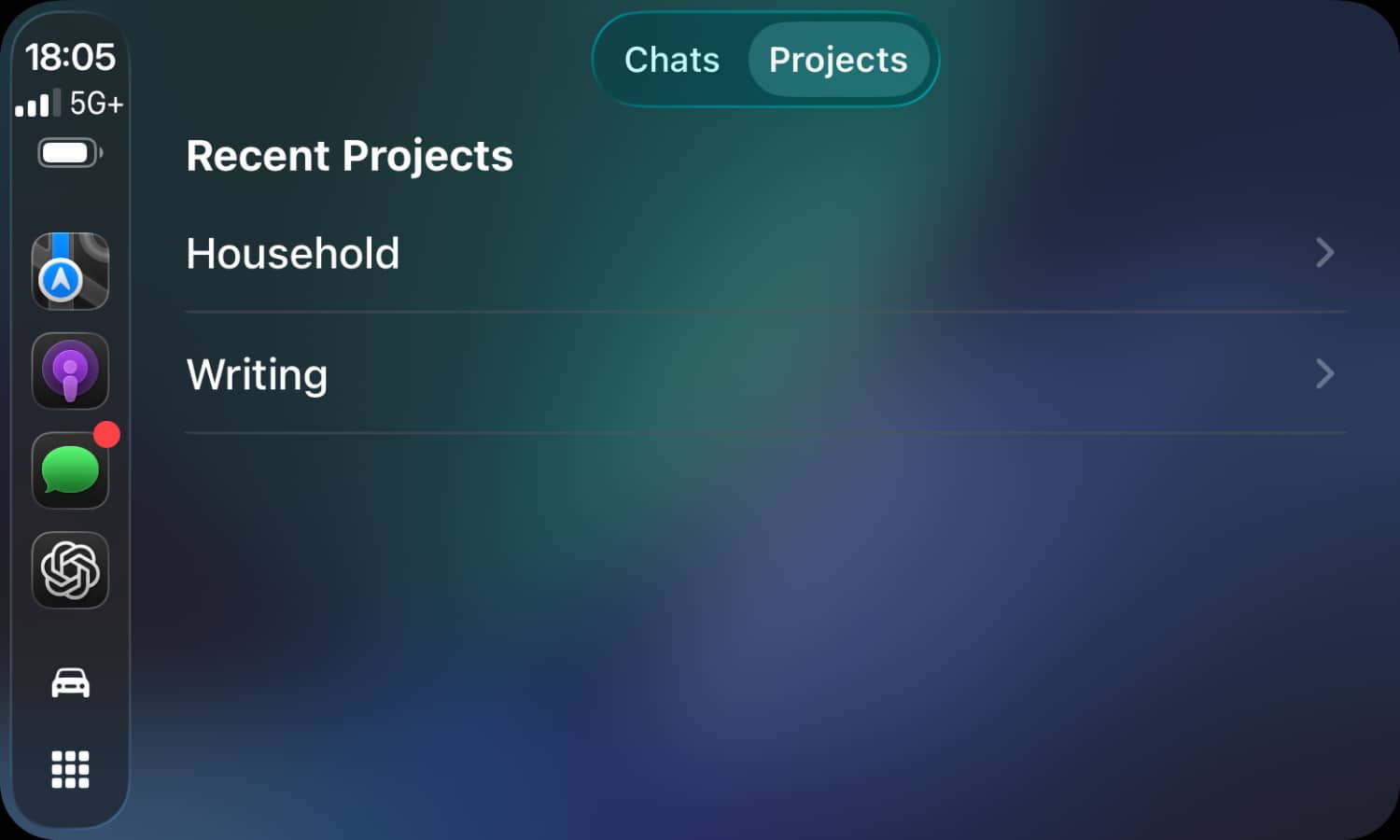 ChatGPT CarPlay iOS 26.4 Projects view
