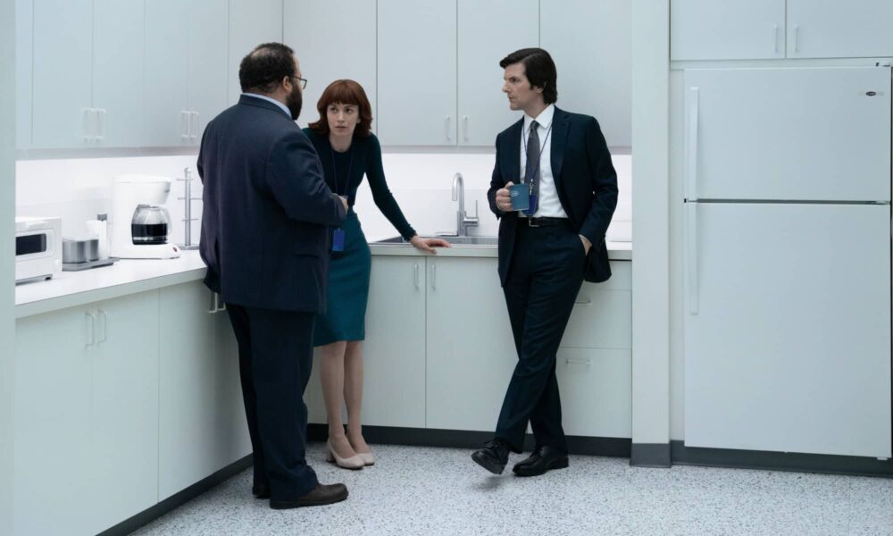 Severance Season 2 Dylan, Helly, and Mark in office kitchen