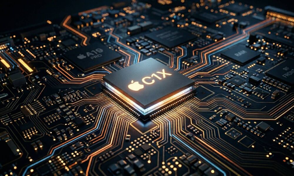 A slightly oblique close-up view of Apple's C1X 5G modem chip, glowing from underneath, seated on a complex circuit board with visible traces and an A19 Pro chip in the background.