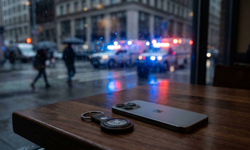 An iPhone 16 Pro and an AirTag on a wooden table with blurred emergency lights in the background.